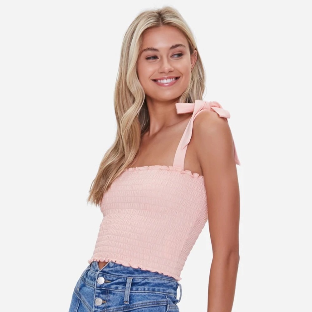 ❌SOLD pink tie strap smocked crop tank top NWT